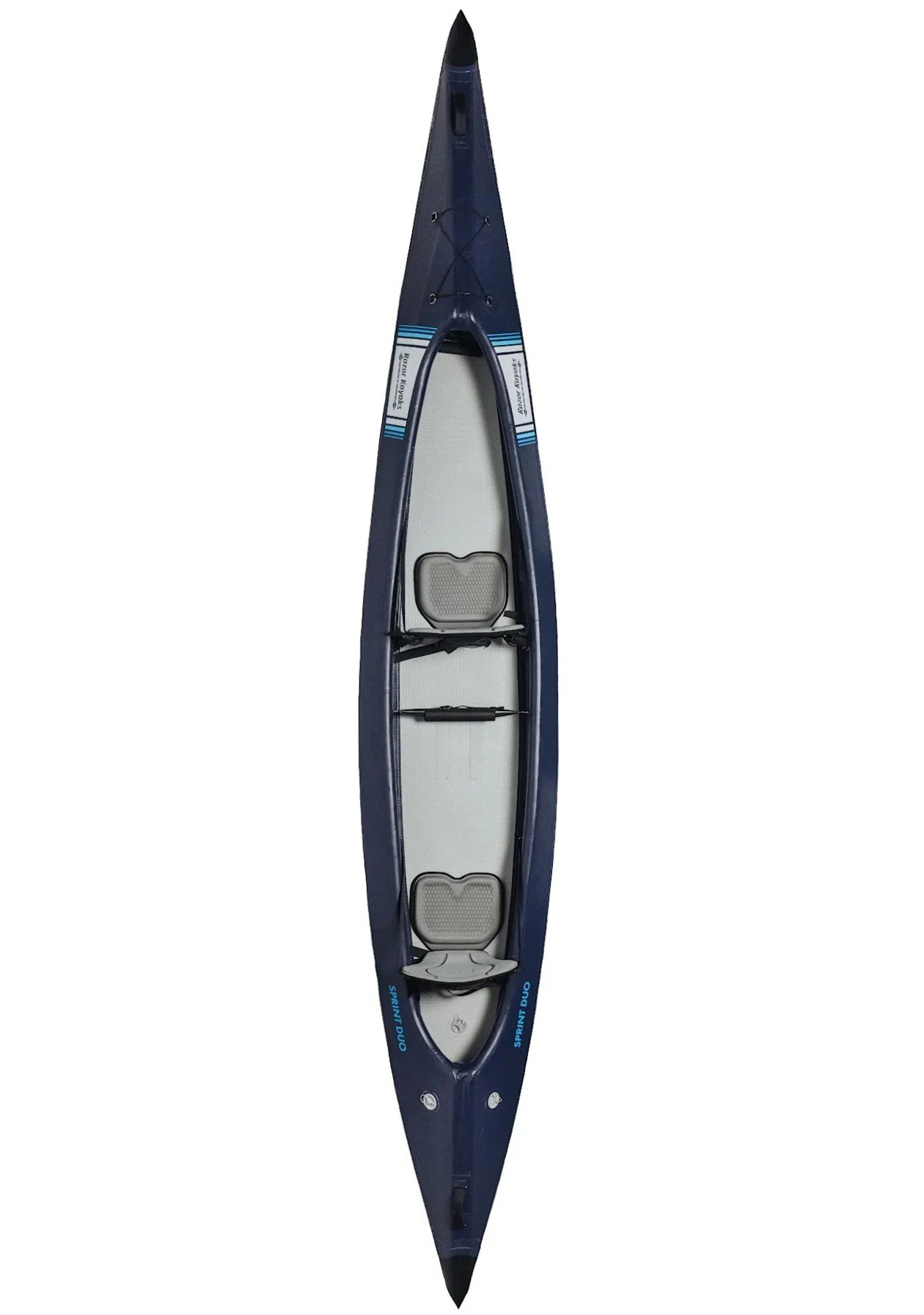 Kayak de couleur bleue avec des sièges gris et des supports en plastique noir.