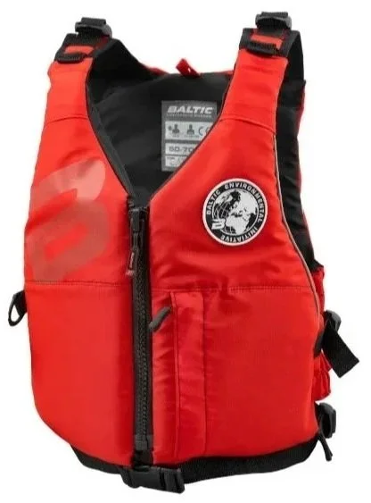 Gilet d’aide à la flottabilité Marlin 360D PFD rouge avec sangles noires et panneaux flottants.