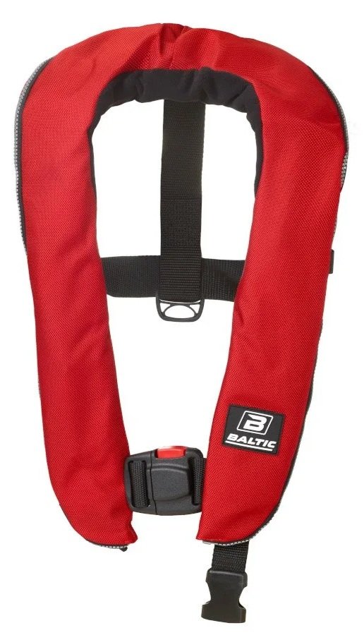 Gilet d’aide à la flottabilité Marlin H50 PFD rouge et noir avec sangles réglables.