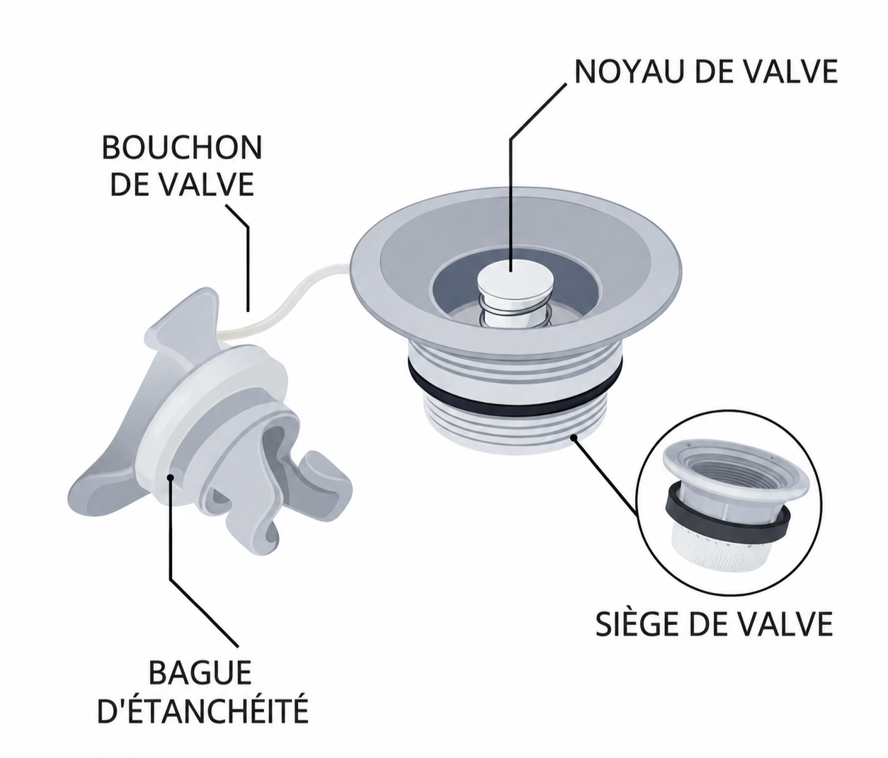 Schéma d’une valve de kayak gonflable montrant le noyau, le siège, la bague d’étanchéité et le bouchon.