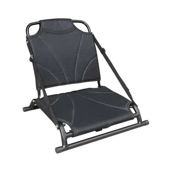 Siège de pêche surélevé et pliable avec dossier rembourré et bandoulière.