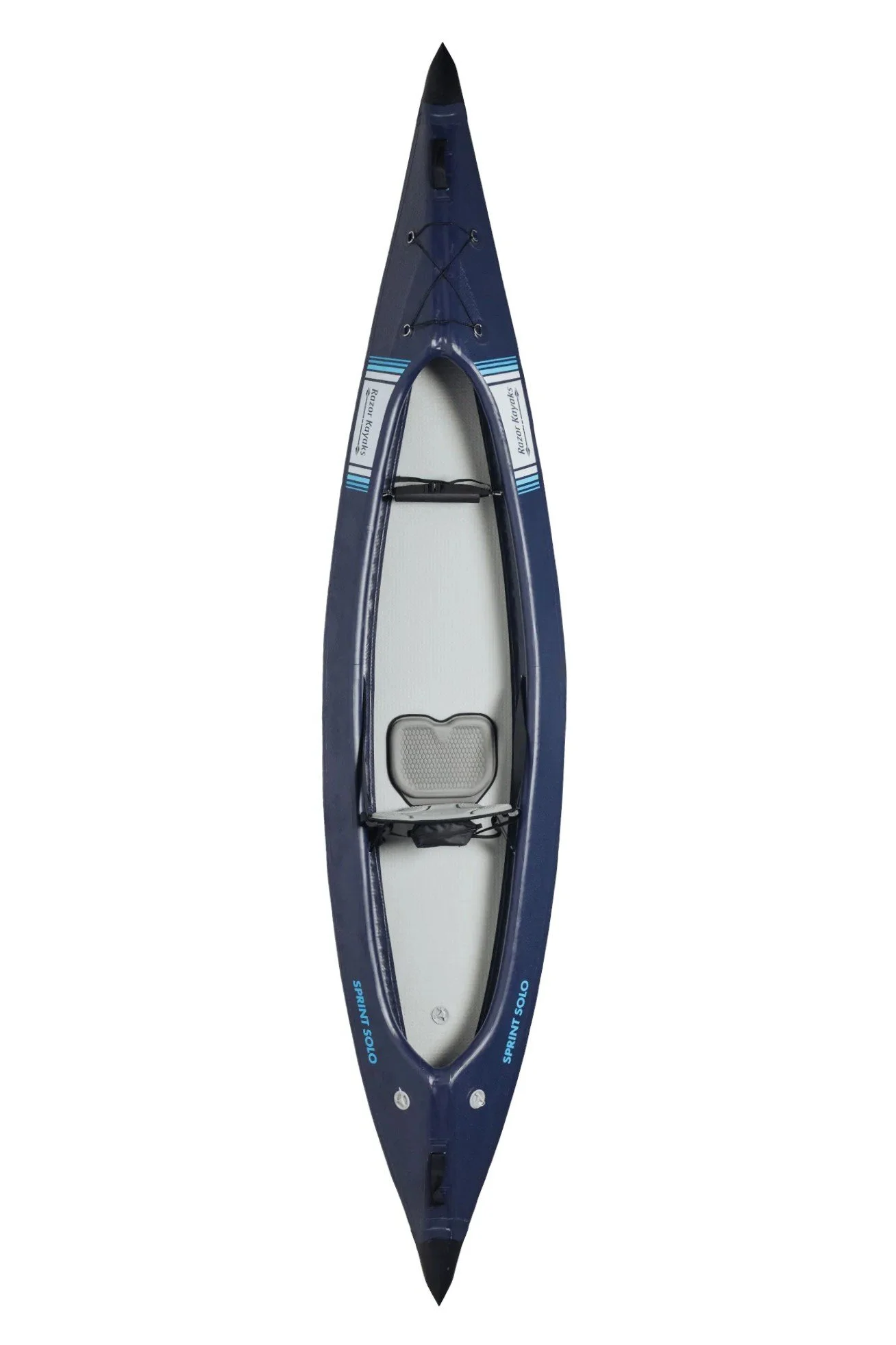 Kayak de sport gonflable de couleur bleue avec siège intérieur gris et accessoires.