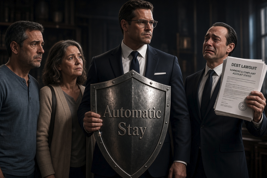 A heroic bankruptcy attorney holds a shield reading "Automatic stay". He stands between his clients and a crying creditor.