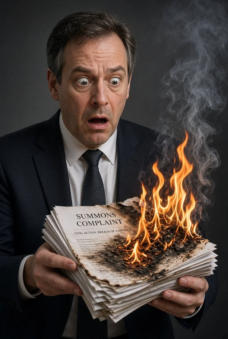 Image of an attorney hold a lawsuit that is on fire.