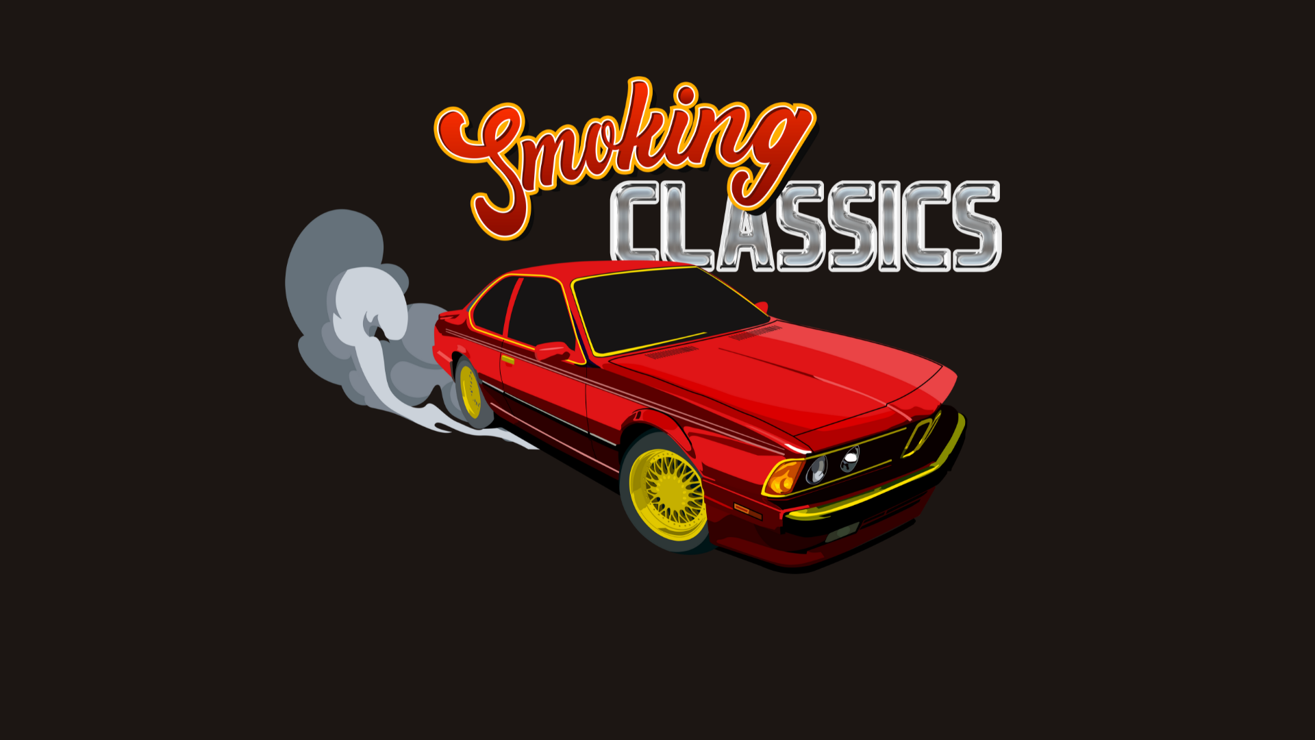 Illustration of a vintage red car with yellow wheels, emitting smoke, and the text "Smoking Classics."