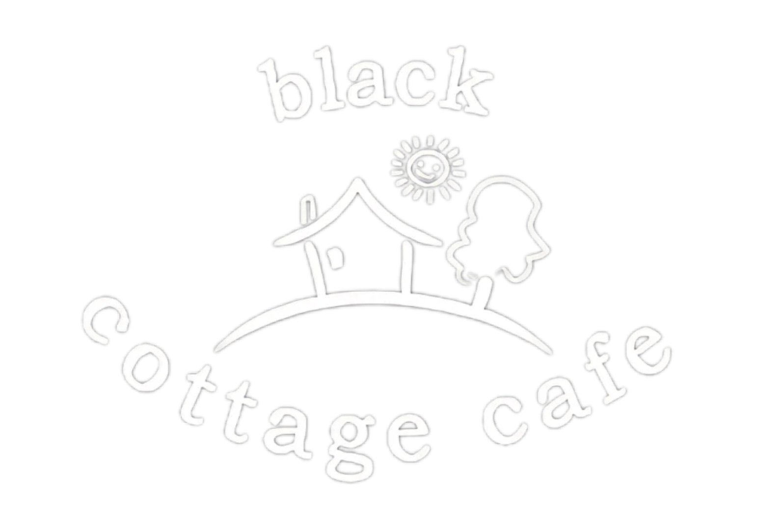 Logo for Black Cottage Coffee featuring a stylized house, a smiling sun, and a tree on a curved landscape with the words "black cottage coffee" around the bottom.