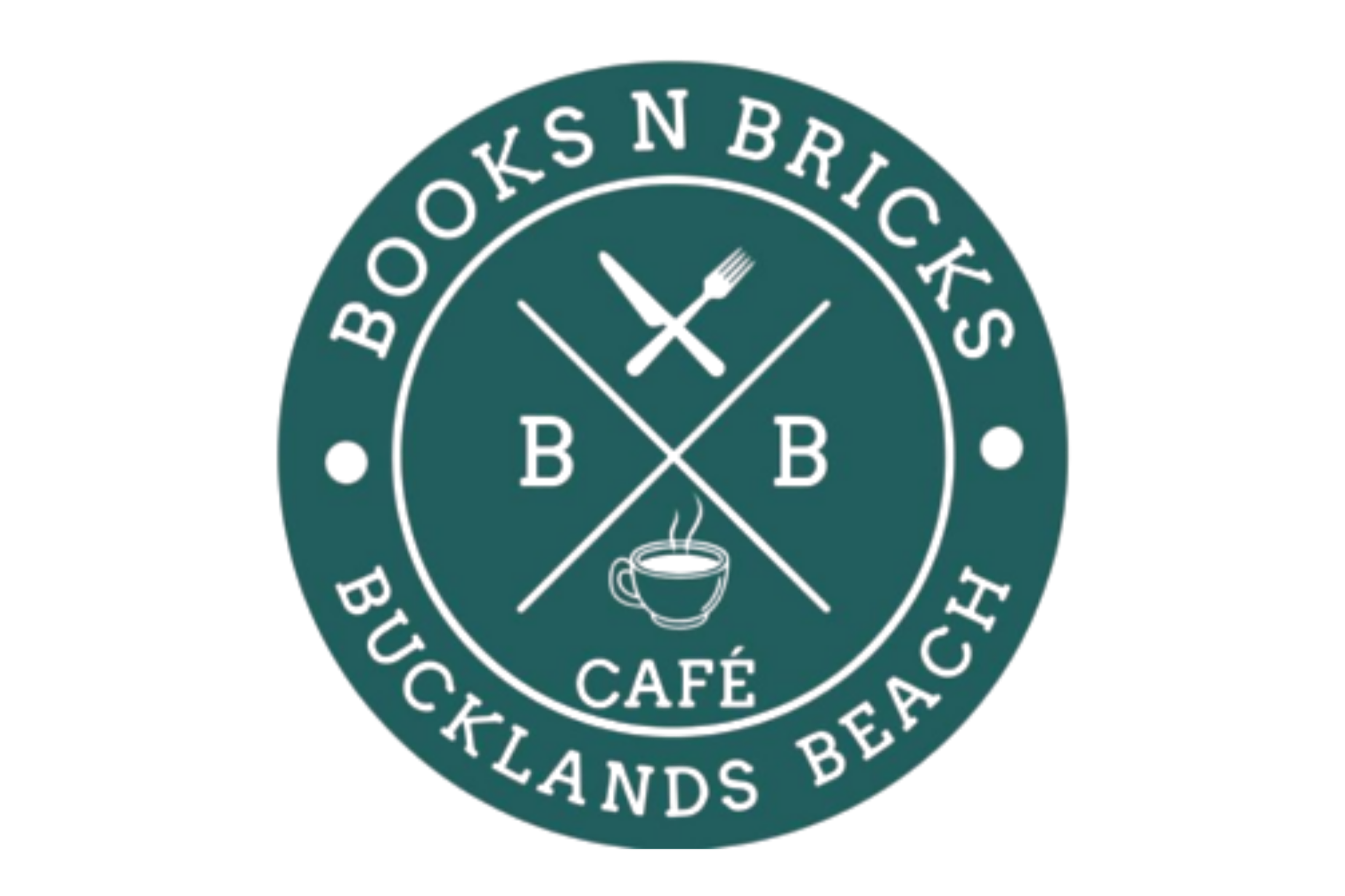 A circular logo for a coffee shop called 'Books n Bricks' in Bucklands Beach. The logo features a pair of crossed spoons, a steaming cup of coffee, and stylized hands on a clock. The text around the circle reads 'Books n Bricks - Bucklands Beach'.