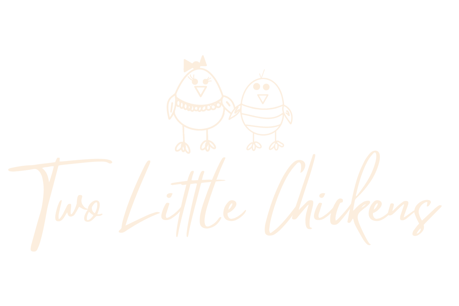 Graphic illustration of two cartoon chicks holding hands, with the words "Two Little Chickens" written below in cursive on a black background.