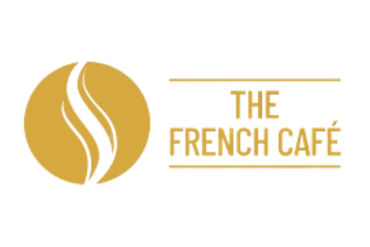 Logo of The French Café featuring a stylized coffee bean and the café's name in gold text.