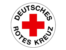Logo des Deutschen Roten Kreuzes, weißer Kreis mit rotem Kreuz in der Mitte und schwarzem Text drumherum.
