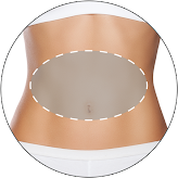 Close-up of a person's midsection with a gray oval covering the stomach area.