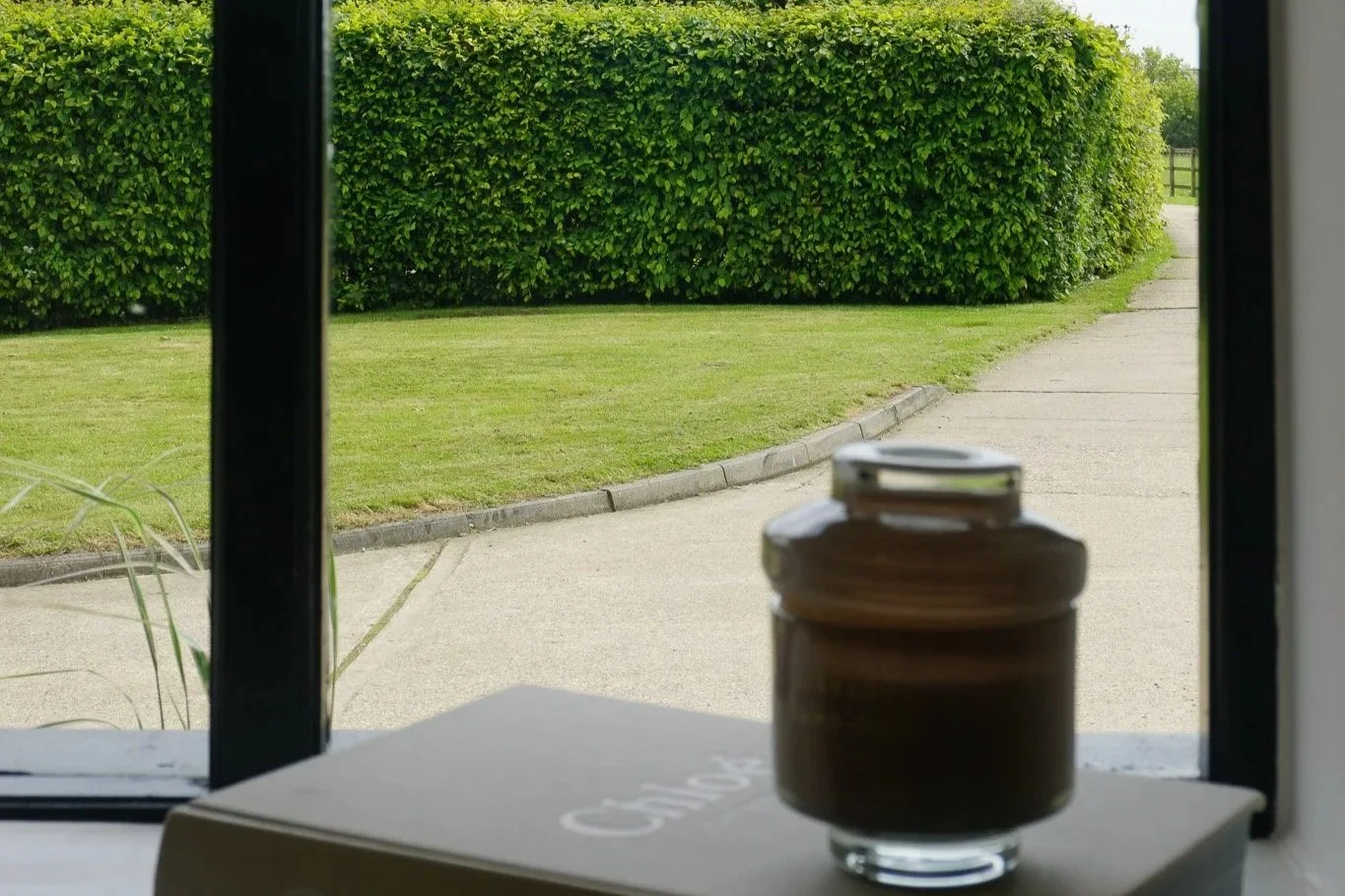 View through a window showing a sidewalk, a neatly trimmed green hedge, and a grassy area with trees in the background. On the windowsill, there is a jar of dark-colored jam or preserve placed next to a closed book titled 'Chocolate'.