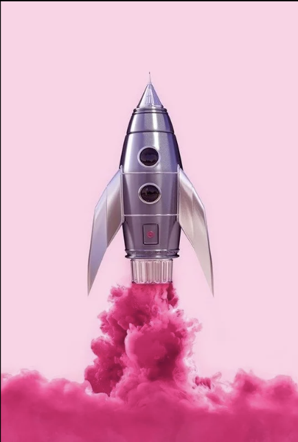 Un fusée en forme de spray de parfum lancée dans un ciel rose, avec de la fumée rose à sa sortie