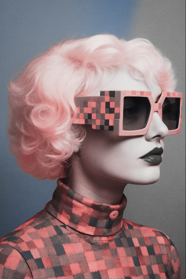 Une femme au cheveux bouclés roses portant des lunettes de soleil pixelisées roses et vêtue d'une chemise à carreaux roses et noirs, regardant vers la droite.
