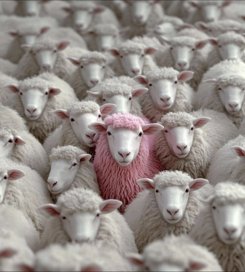 Un groupe de moutons blancs avec un mouton rose au centre, tous regardant vers la caméra.