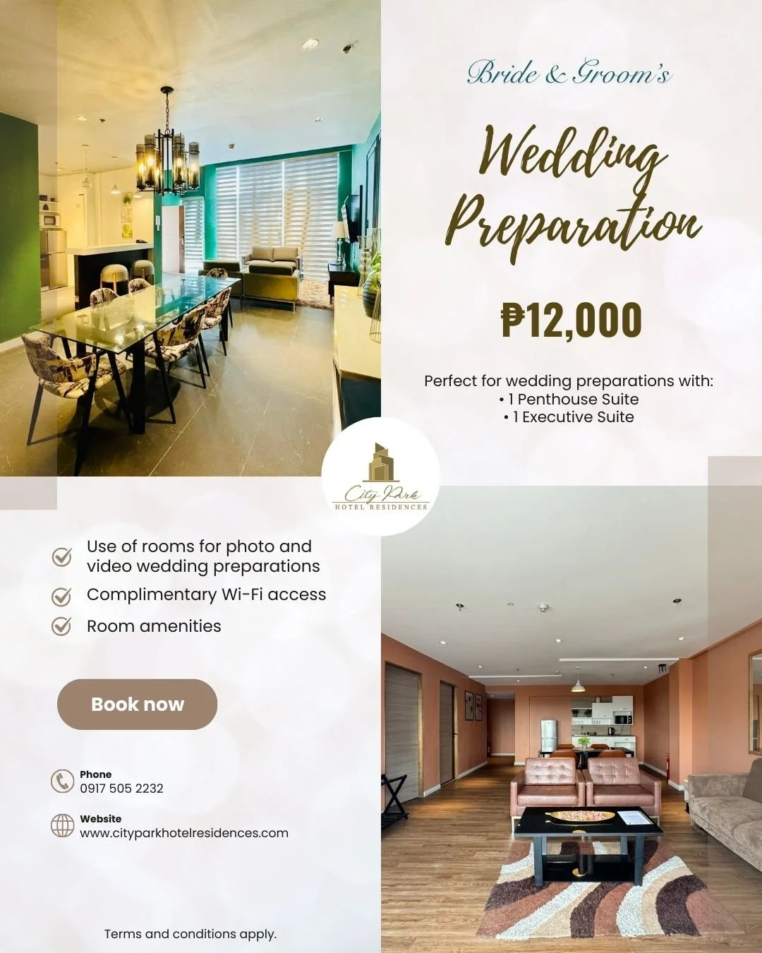 Your intimate events start here. 💕

Looking for the perfect venue for your wedding preparations? Check out the packages we offer. 💍✨📸🤍
We also host other intimate gatherings!
Send us a message today! 💌💍

#CityParkHotelManila #WeddingPrepPH #Nea