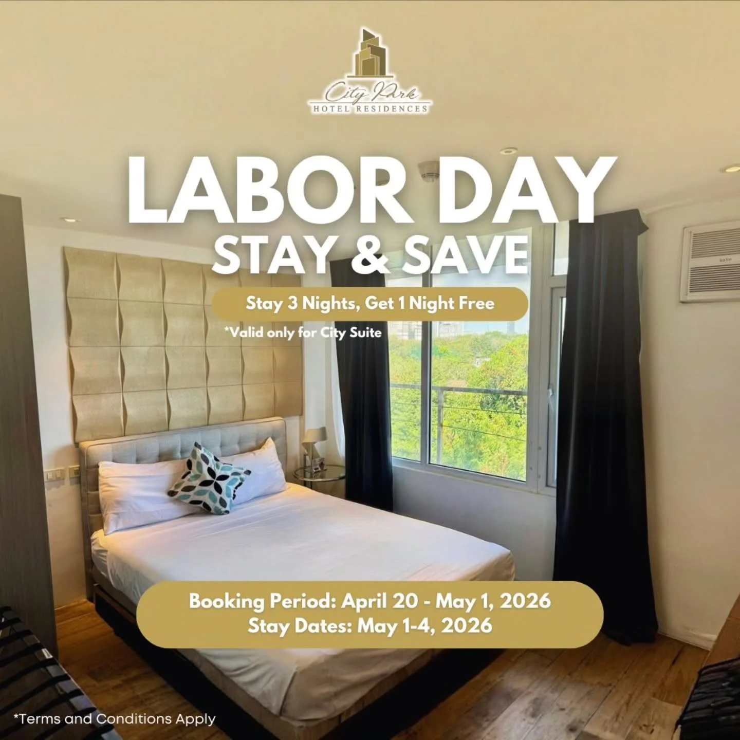 ✨ 𝐋𝐚𝐛𝐨𝐫 𝐃𝐚𝐲 𝐒𝐭𝐚𝐲 &amp; 𝐒𝐚𝐯𝐞!
Enjoy more time to relax with our exclusive deal&mdash;
🛏️ Stay 3 Nights, Get 1 Night FREE (City Suite only)

📩 Limited offer!

Book your stay today! 🛏️✨
📍 Bayani Road, Brgy. Western Bicutan, Taguig Ci