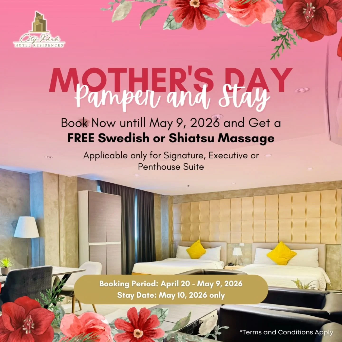 ✨ 𝐌𝐨𝐭𝐡𝐞𝐫&rsquo;𝐬 𝐃𝐚𝐲 𝐏𝐚𝐦𝐩𝐞𝐫 &amp; 𝐒𝐭𝐚𝐲 ✨
Book a Signature, Executive, or Penthouse Suite and get
💆&zwj;♀️ FREE Swedish or Shiatsu Massage for Mom!
&bull; Booking: April 20 &ndash; May 9, 2026
&bull; Stay: May 10, 2026

📩 limited