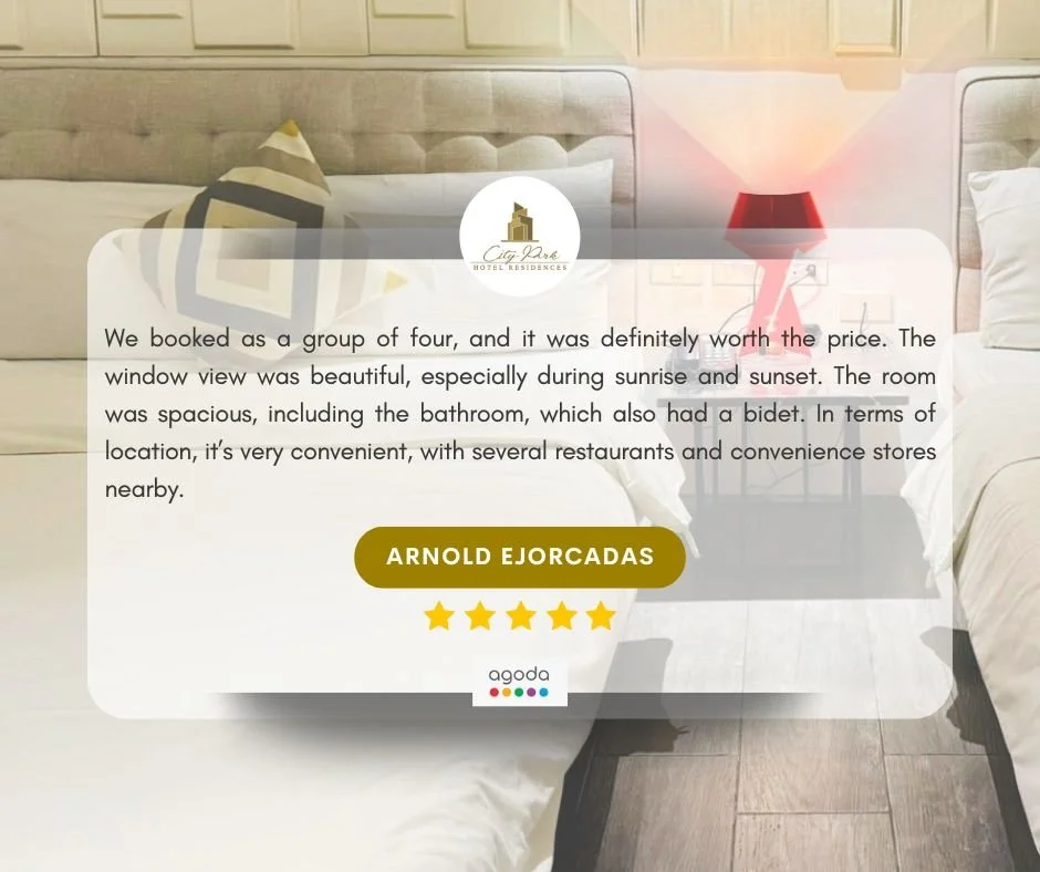 🌟 We truly appreciate your reviews and kind words. 
Thank you for staying with us and sharing your experience. 🏨✨

📍 B86 L21 Bayani Road, Brgy. Western Bicutan, Taguig City
📞 0917-505-2232 | 📧 cityparkhotelmanila@gmail.com

#GuestReviews #CityPa