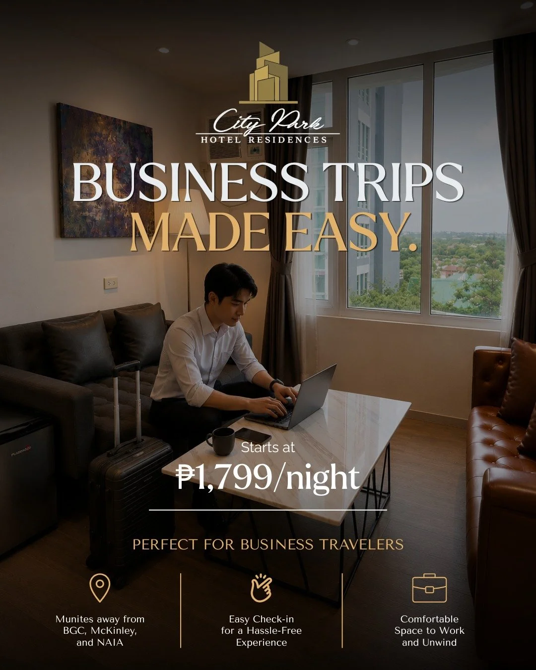 Business trips don't have to feel stressful.

Stay close to business districts while enjoying the comfort of spacious accommodations and modern amenities.

Work smarter. Rest better.

📍 Bayani Road, Western Bicutan, Taguig City
📞 0917 505 2232
📧 c