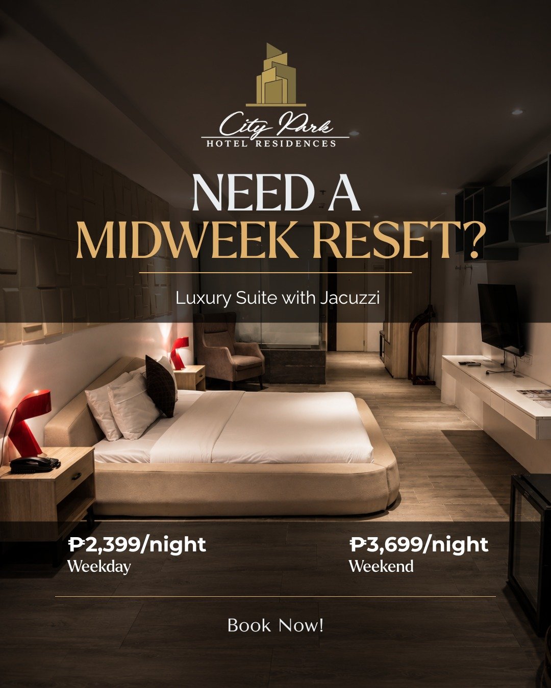 Who says you have to wait until the weekend to relax?

Treat yourself to a comfortable midweek escape at City Park Hotel Residences. Whether you're visiting Taguig for work or simply looking to unwind, we're ready to welcome you.

📍 Bayani Road, Wes