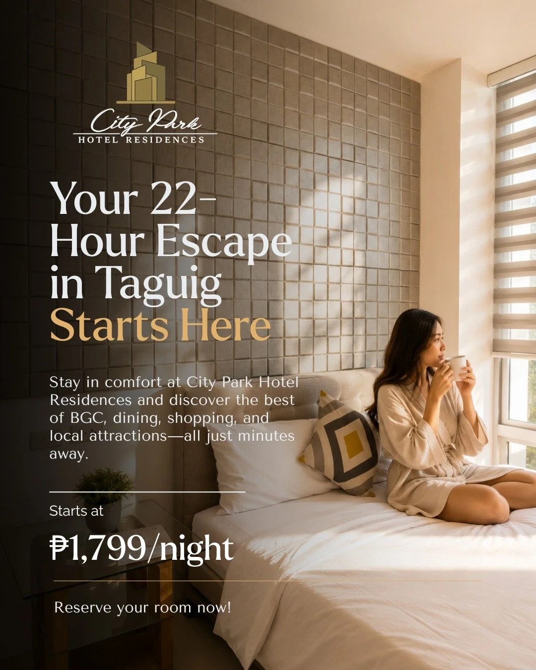 Wake up in comfort and stay close to everything that matters. ✨

Whether you're here for business, a weekend escape, or a staycation, City Park Hotel Residences offers cozy accommodations in a convenient location near BGC. Book your stay today! 🤎

?
