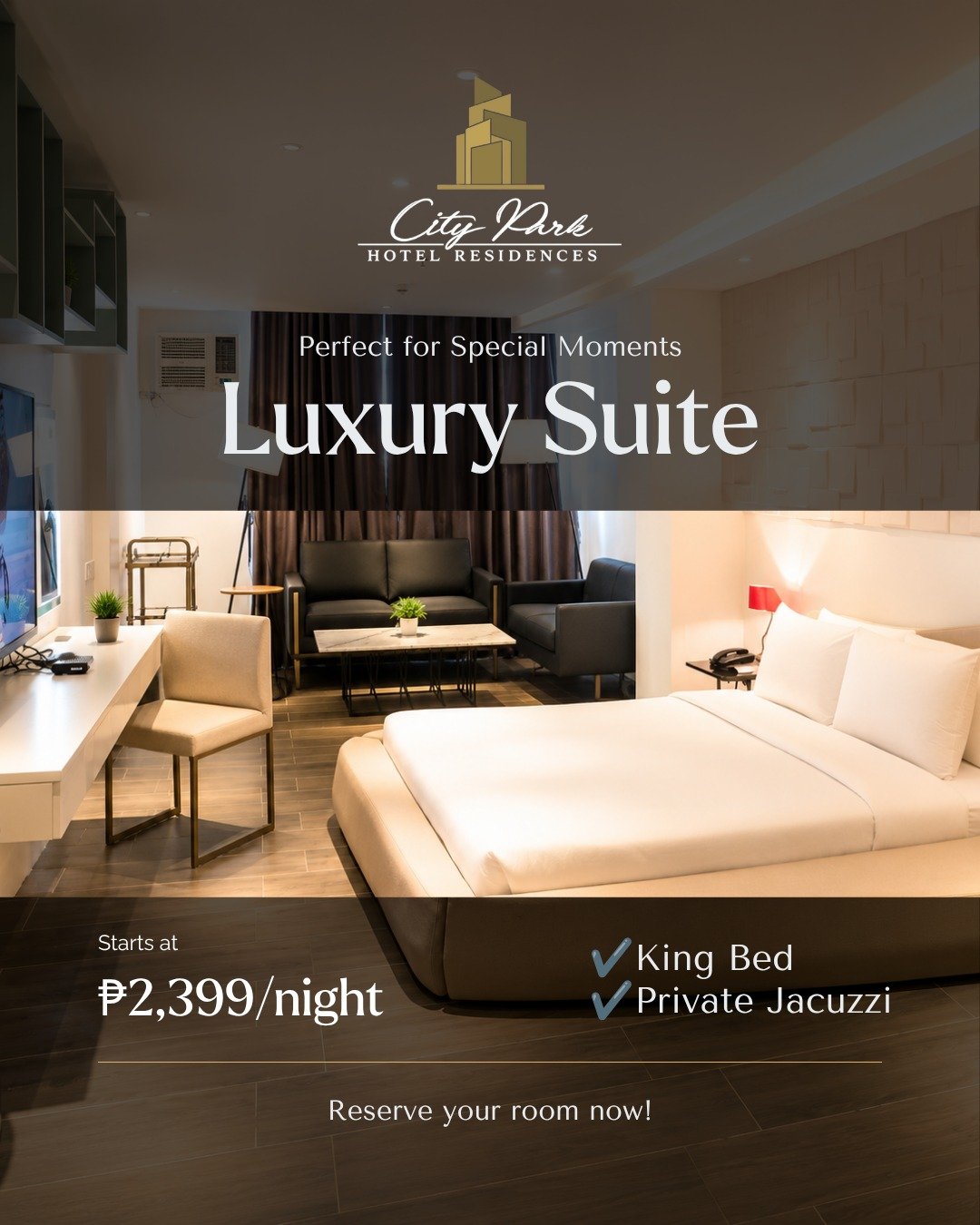 Celebrate life's special occasions in our Luxury Suite.

Experience comfort with an extra touch of luxury.

✨ Planning a special celebration? Send us a message to check availability.

📍 Bayani Road, Western Bicutan, Taguig City
📞 0917 505 2232
📧 c