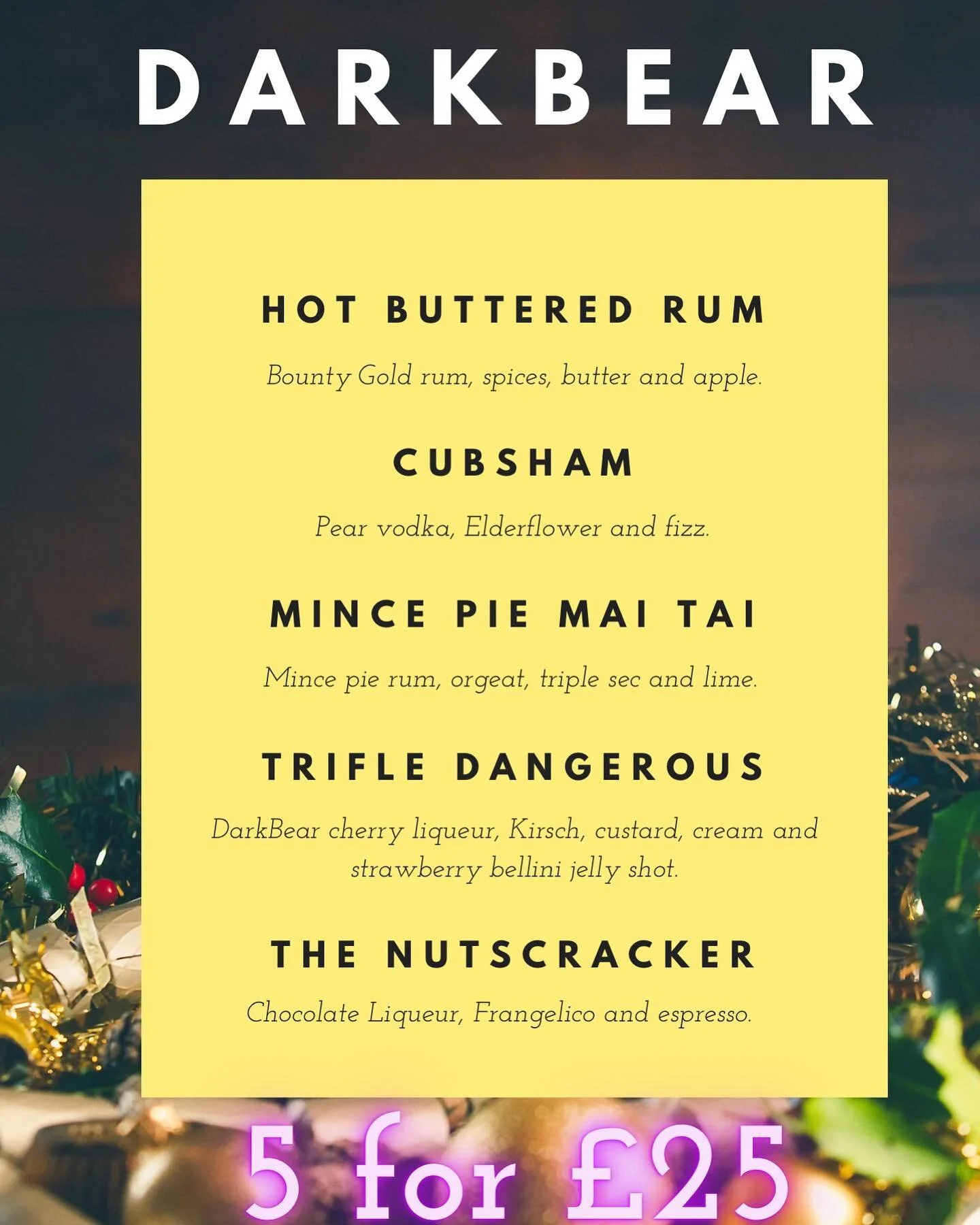 Have you booked your Christmas party yet?  This credit crunching menu is just &pound;25pp for five cocktails, available in your work place, comfort off your own home or at the @darkbearbar to book send us a message.
