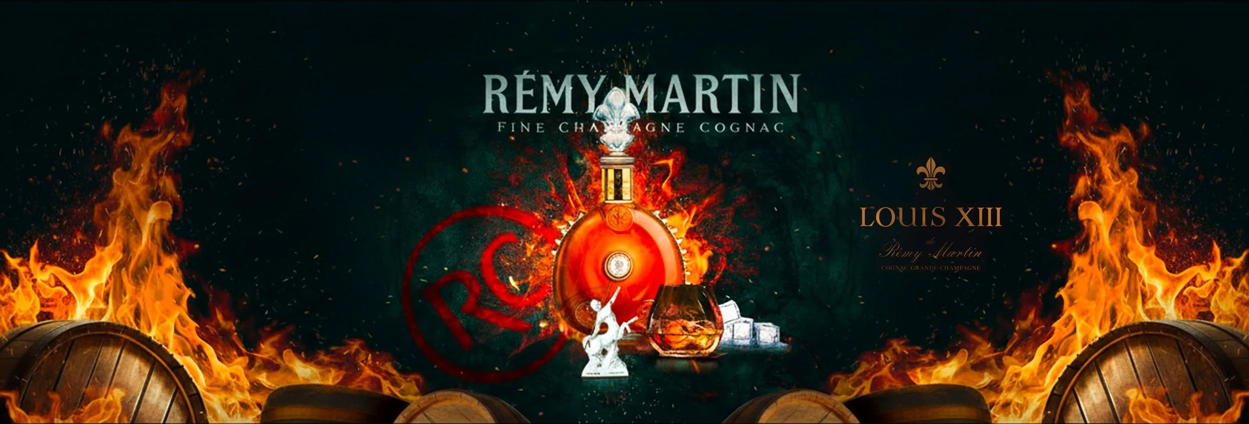 Affiche promotionnelle pour la marque de cognac Rémy Martin, avec une bouteille de cognac entourée de flammes, des tonneaux en bois en bas et le texte 'Louis XIII de Rémy Martin'.