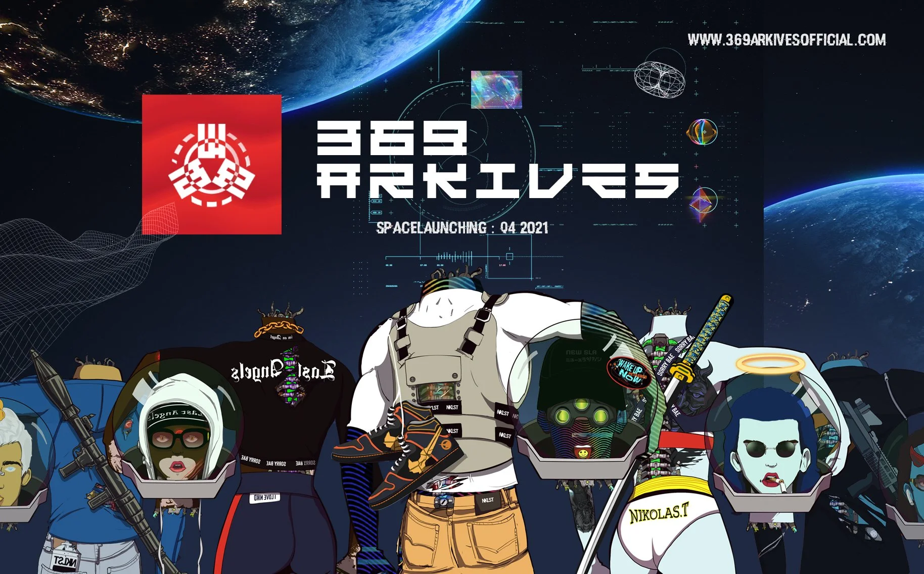 Illustration de personnes avec des casques futuristes et des accessoires, dans un contexte spatial avec la Terre en arrière-plan. Titre '369 ARKIVES' et mentions de lancement spatial en avril 2021.