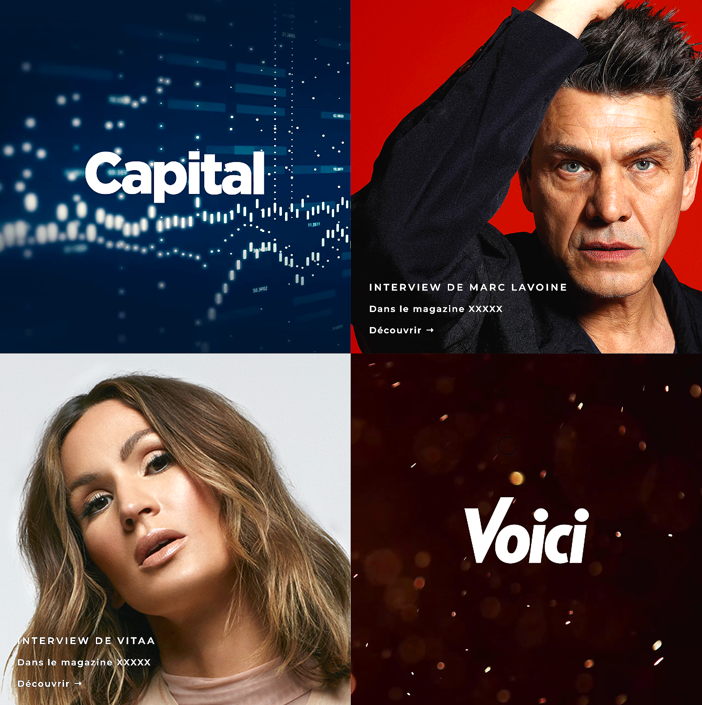 Une image divisée en quatre sections. La première section en haut à gauche montre un graphique financier avec le mot 'Capital'. La section en haut à droite montre un homme aux cheveux noirs, avec un fond rouge, et le texte 'Interview de Marc Lavoine'
