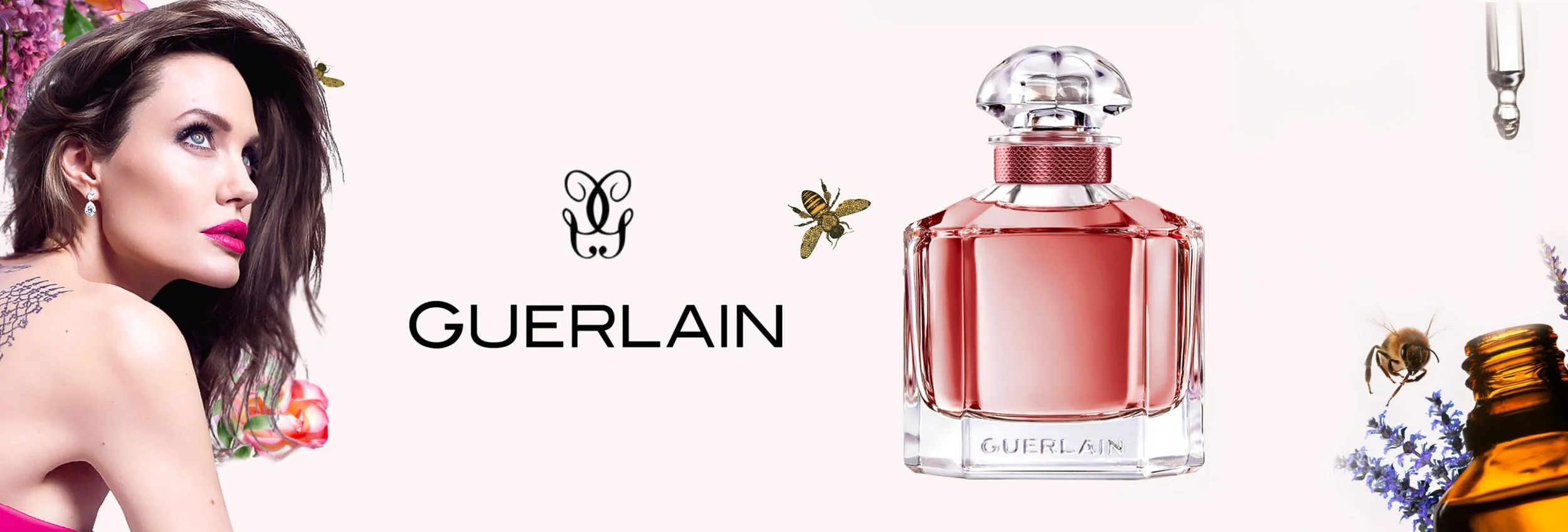 Angélina Jolie avec une bouteille de parfum Mon Guerlain rose, des abeilles, des fleurs et un flacon de parfum en ambre