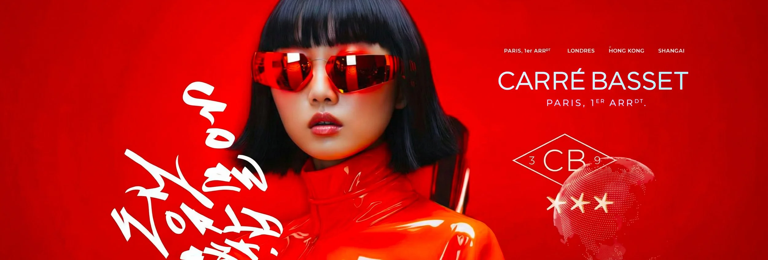 Une femme fashion style portant des lunettes de soleil rouges avec un fond rouge vif. Texte indiquant des villes comme Paris, Londres, Hong Kong, Shanghai, avec le nom 'Carré Basset'. 