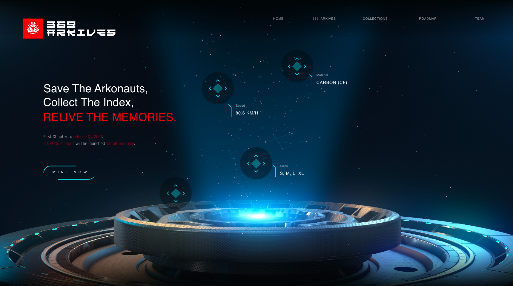 Page d'accueil d'un site Web intitulé "359 ARRIVALS" avec un fond stellaire et un rendu futuriste d'une plateforme circulaire brillante. Texte en anglais annonçant la collecte de mémoire pour sauver les arkonautes, avec des détails sur la vitesse, le