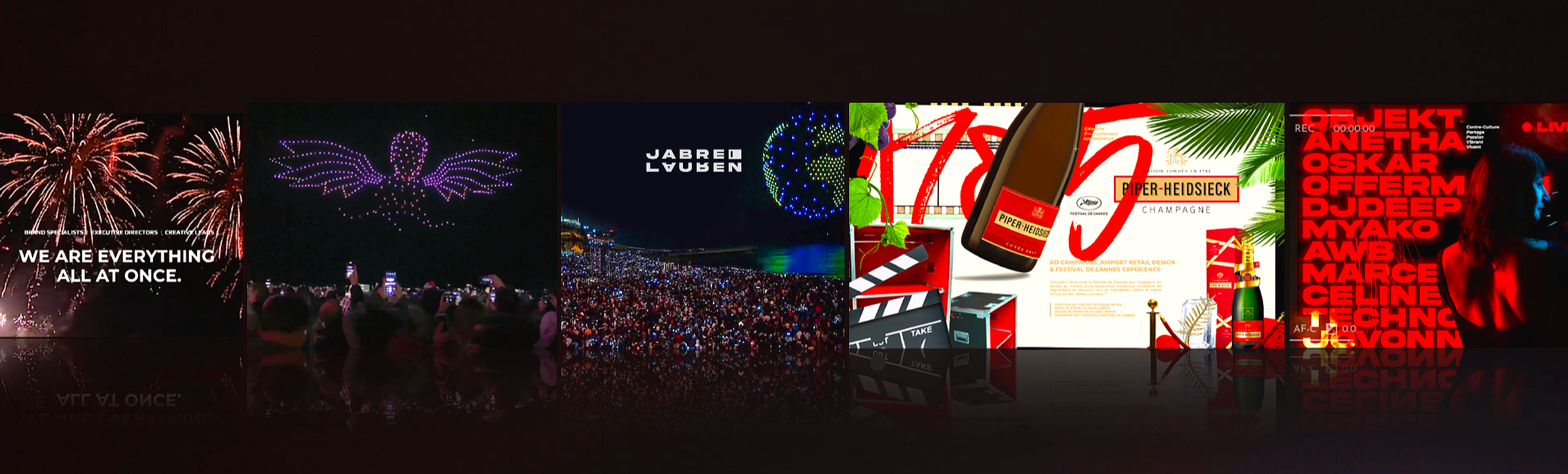 Cliché composite montrant des feux d'artifice, un spectacle de lumières avec un public, un show drones en forme d'ange, une bouteille de champagne Piper-Heidsieck, et une affiche promotionnelle avec les dj's Objekt DJ Deep Jovonn