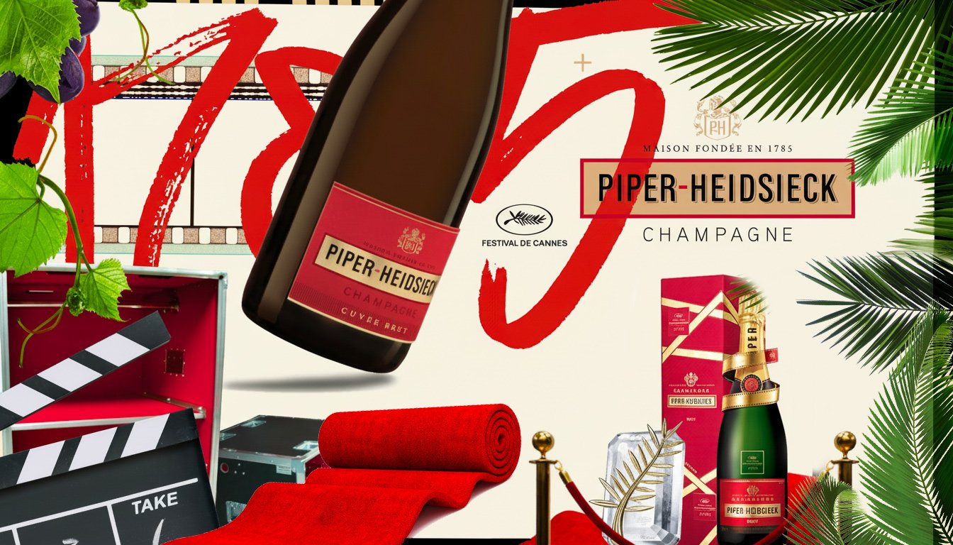 Affiche promotionnelle pour le champagne Piper-Heidsieck, présentant une bouteille, une boîte, un tapis rouge, une fausse caméra, et des éléments décoratifs comme des feuilles et une barrière avec des cordons rouges.