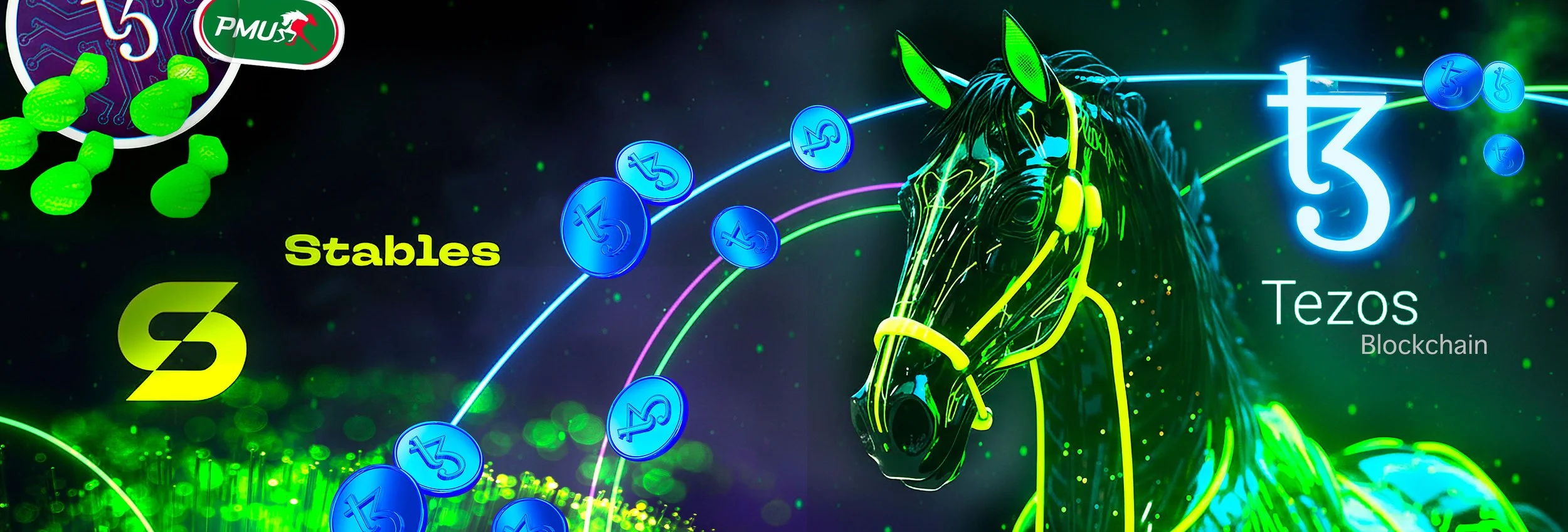 Une illustration numérique représentant une licorne cybernétique avec un design lumineux et futuriste, entourée de symboles liés à la cryptomonnaie Tezos, notamment des pièces de monnaie bleues, le symbole Tezos en jaune, et une mention de Blockchain. Le texte inclut 'Stables' et 'Tezos Blockchain'.