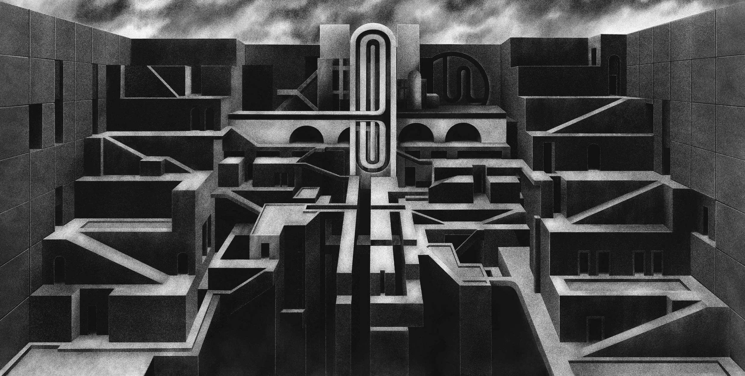Un dessin numérique en noir et blanc en format paysage présentant un paysage architectural géométrique abstrait avec des formes rectangulaires, des lignes droites, des escaliers et passages dans un style brutaliste.