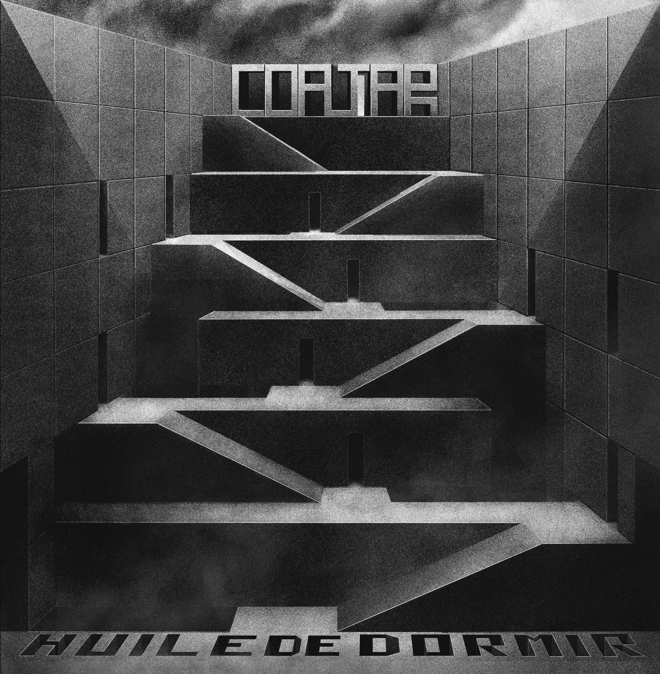Un dessin en noir et blanc représentant une structure brutaliste avec des rampes montant du premier plan au troisieme plan. C'est une pochette pour l'album Huile de Dormir du groupe Coaltar