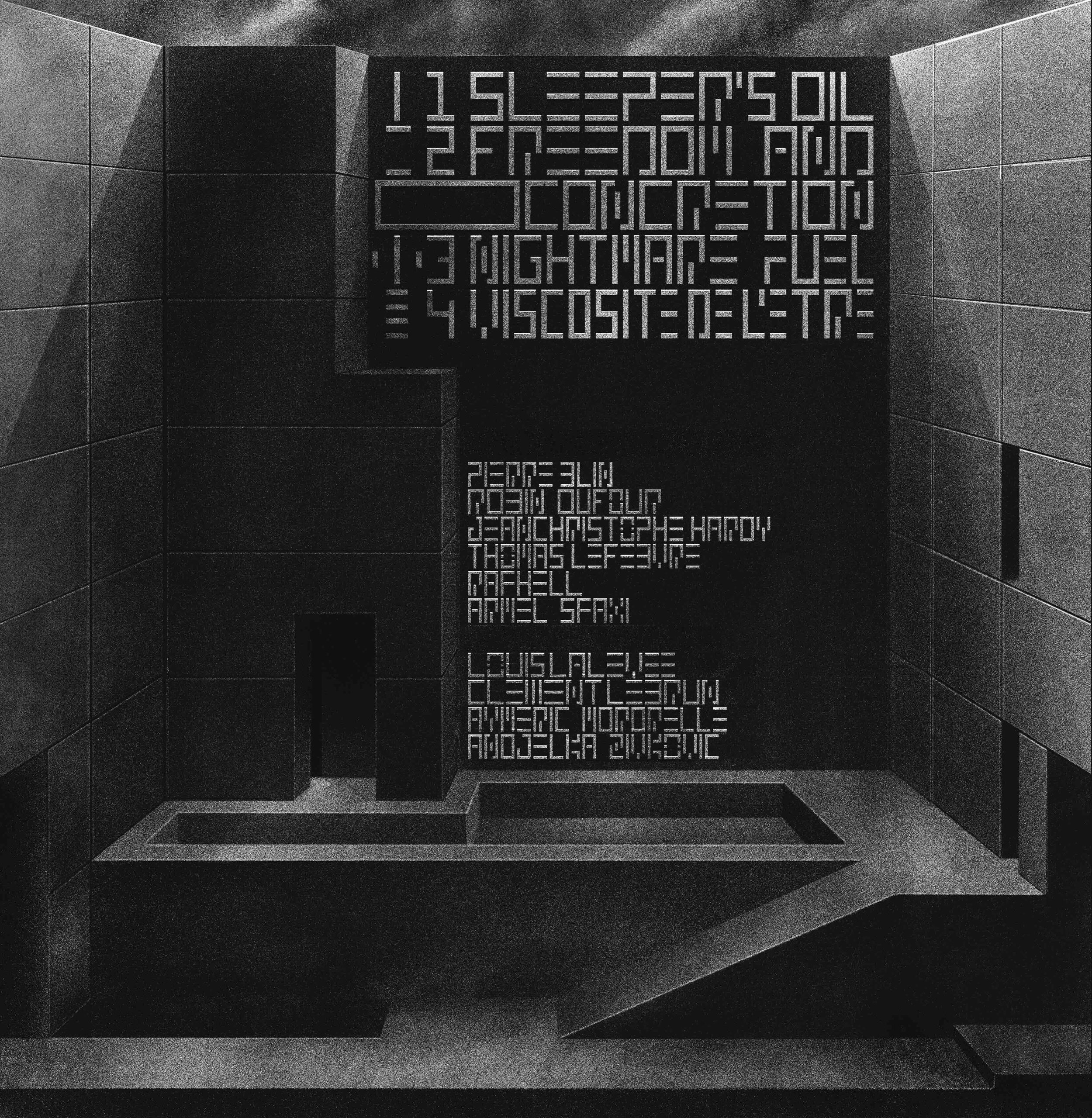Un dessin en noir et blanc représentant une structure brutaliste. C'est la face arriere de la  pochette pour l'album Huile de Dormir du groupe Coaltar. Les crédits et la tracklist sont intégrés dans le dessin