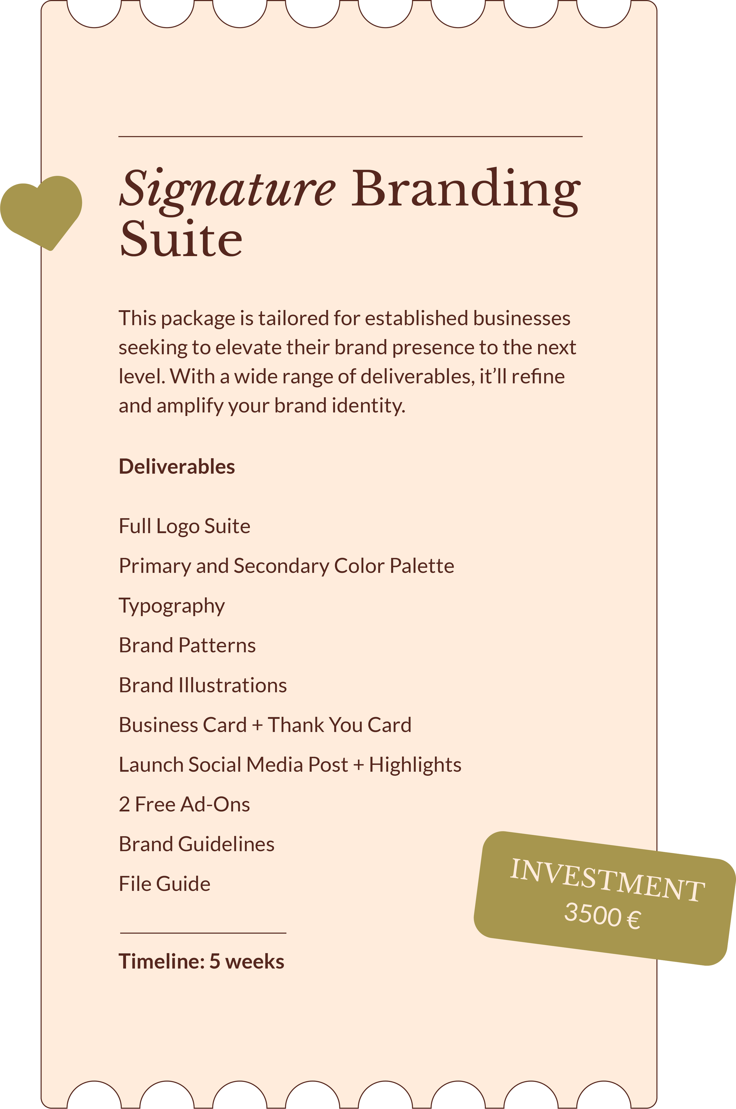 Package tailored for established businesses seeking to elevate their brand presence to the next level. Full logo suite, color palette, typography, patterns, illustrations, business card, thank you card, social media post, brand guidelines.