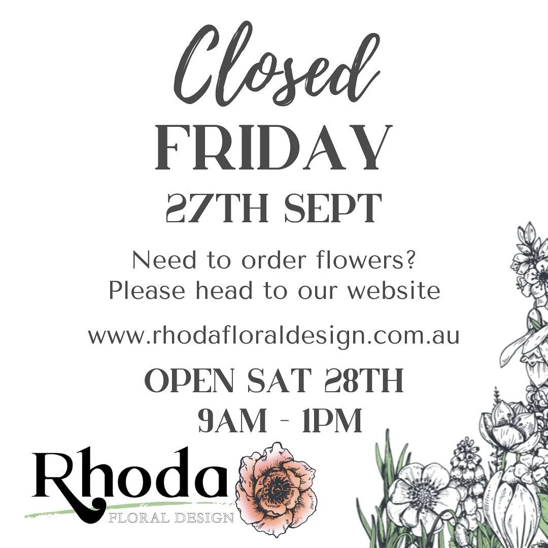 We are closed today for public holiday but will be open tomorrow with slightly shorter hours of 9am-1pm for all your floral needs. 

Enjoy the sunshine! ☀️ 

#tecoma #melbourneflorist #upwey #belgrave #aflgrandfinal #publicholiday
