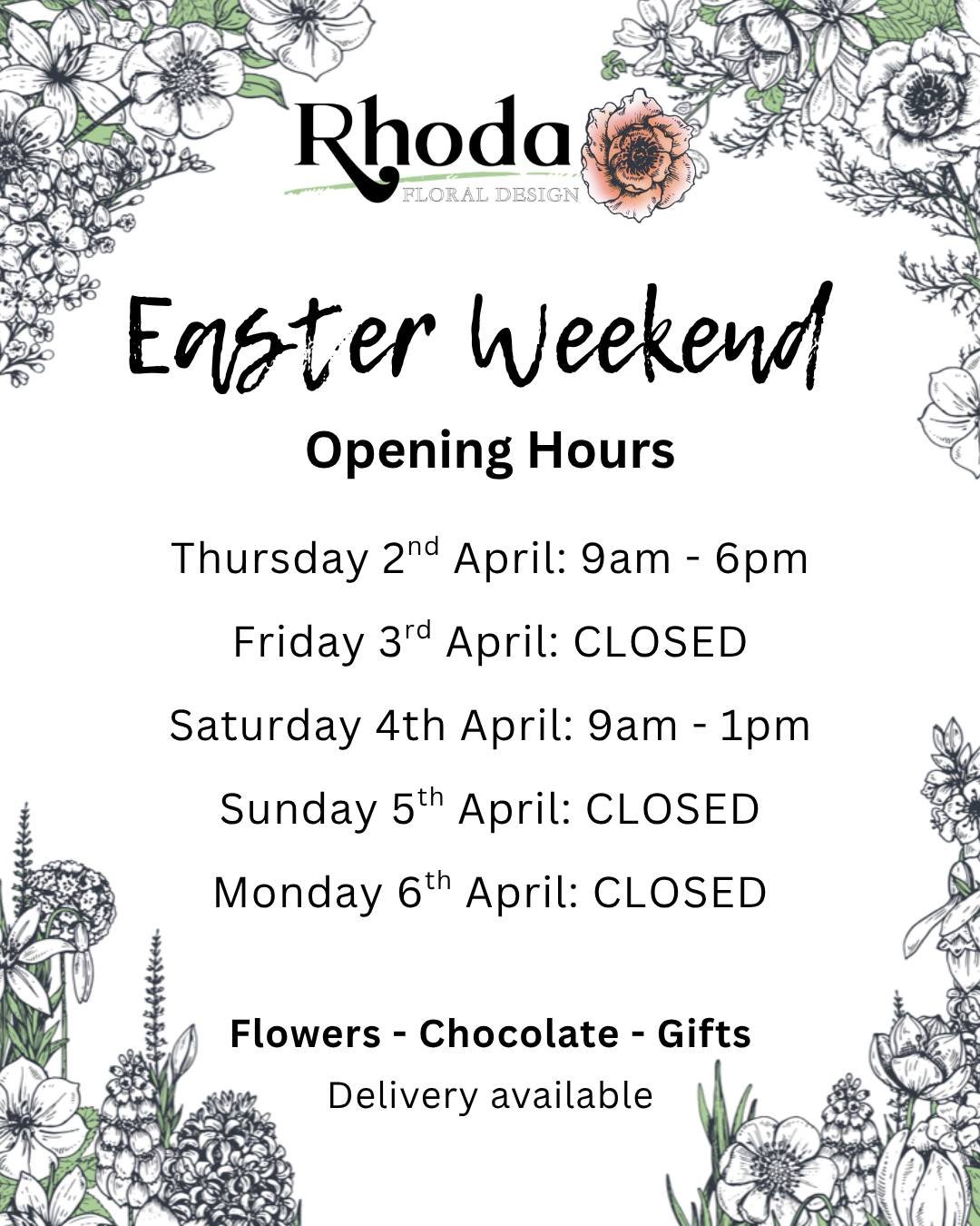 🐰 Easter Weekend Opening Hours 🐰

Thursday 2nd April: 9am - 6pm
Friday 3rd April: CLOSED (we will be in the shop in the afternoon making for a wedding so knock on the door if you need flowers 🌼)
Saturday 4th April: 9am - 1pm
Sunday 5th April: CLOS
