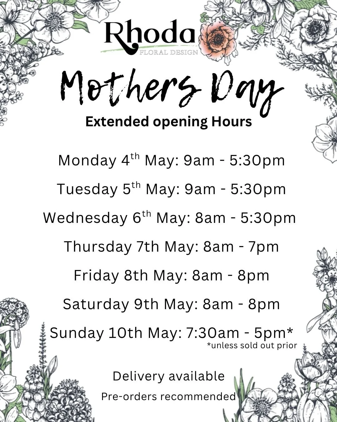 Can  you believe that Mother's Day is only 1 week away??!

We have  extended our opening hours every day in the lead up to Sunday 10th 🌸

Our Mother's Day week opening hours are...

Monday 4th May: 9am - 5:30pm
Tuesday 5th May: 9am - 5:30pm
Wednesda