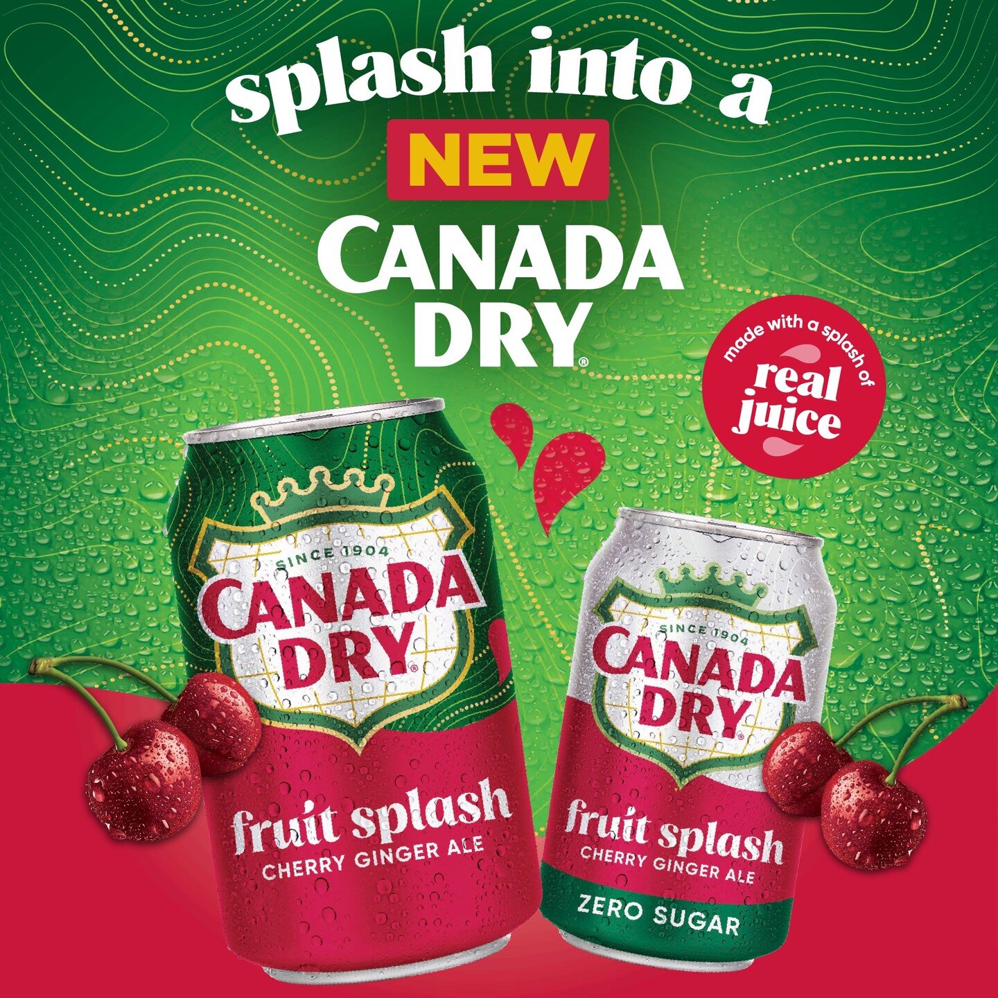 New Canada Dry Fruit Splash Cherry Ginger Ale combines the classic taste of Canada Dry ginger ale with a splash of real juice. This sweet and tangy blend is perfect for enjoying on its own or as a mixer for cocktails. Available in 12oz can 12pks and 