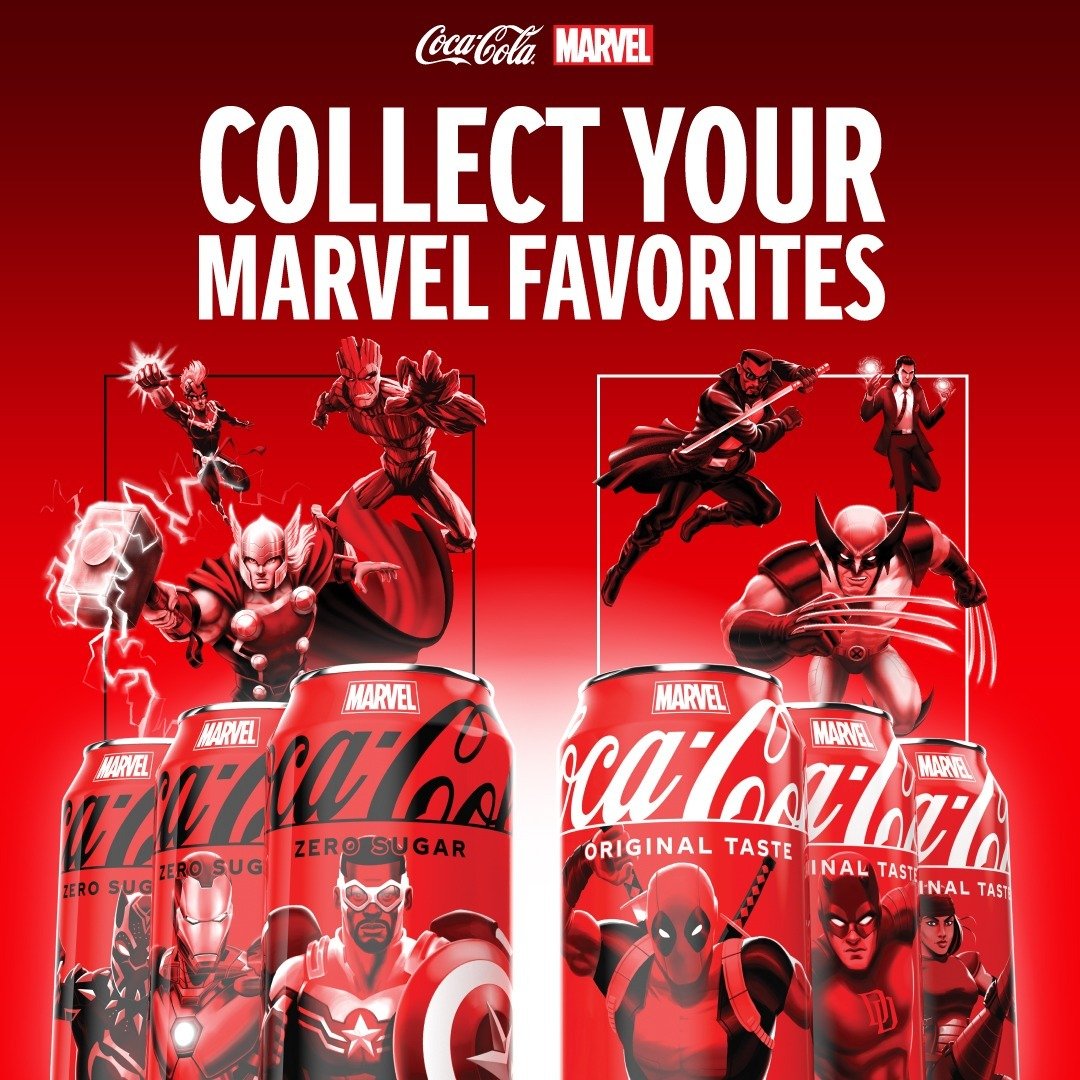 Coca-Cola and Marvel have teamed up to release new, limited-edition packaging! Over 35 unique Marvel character designs can be found on Coca-Cola and Coca-Cola Zero Sugar 12oz Sliim cans, 20oz bottles, and 12oz cans. Collect them all to assemble a Mar