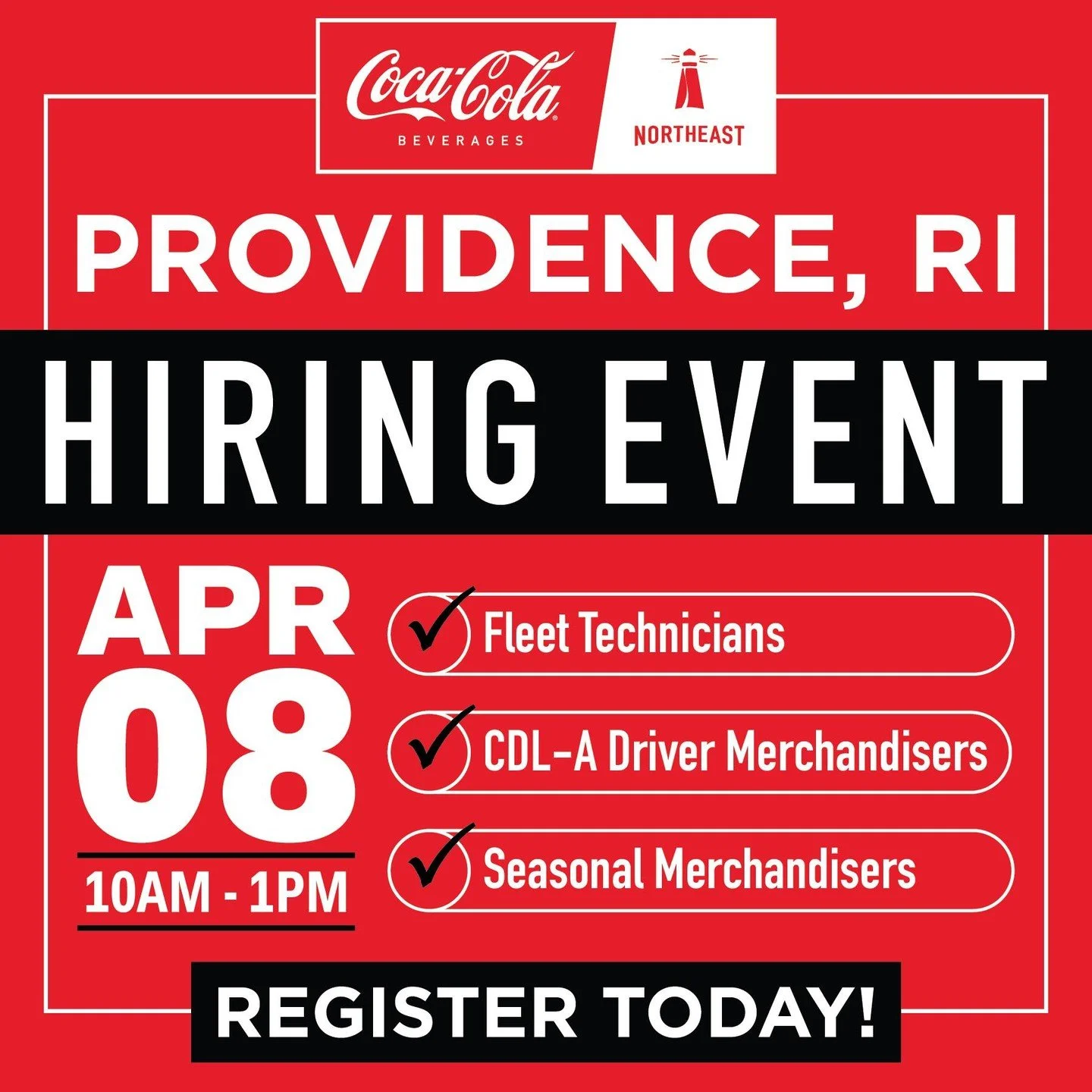 We&rsquo;re holding a Hiring Event for Fleet Technicians, CDL-A Driver Merchandisers, and Seasonal Merchandisers at our Providence, RI Sales Center on Tuesday, April 8th from 10am to 1pm.
 
For more details and to register for the event, go to the li