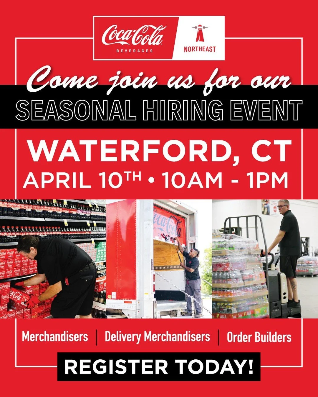 Looking for a fun summer job? Join us for a Seasonal Hiring Event for at our Waterford, CT Sales Center on Thursday, April 10th from 10am to 1pm. We&rsquo;re hiring Merchandisers, Delivery Merchandisers, and Order Builders.
 
For more details and to 