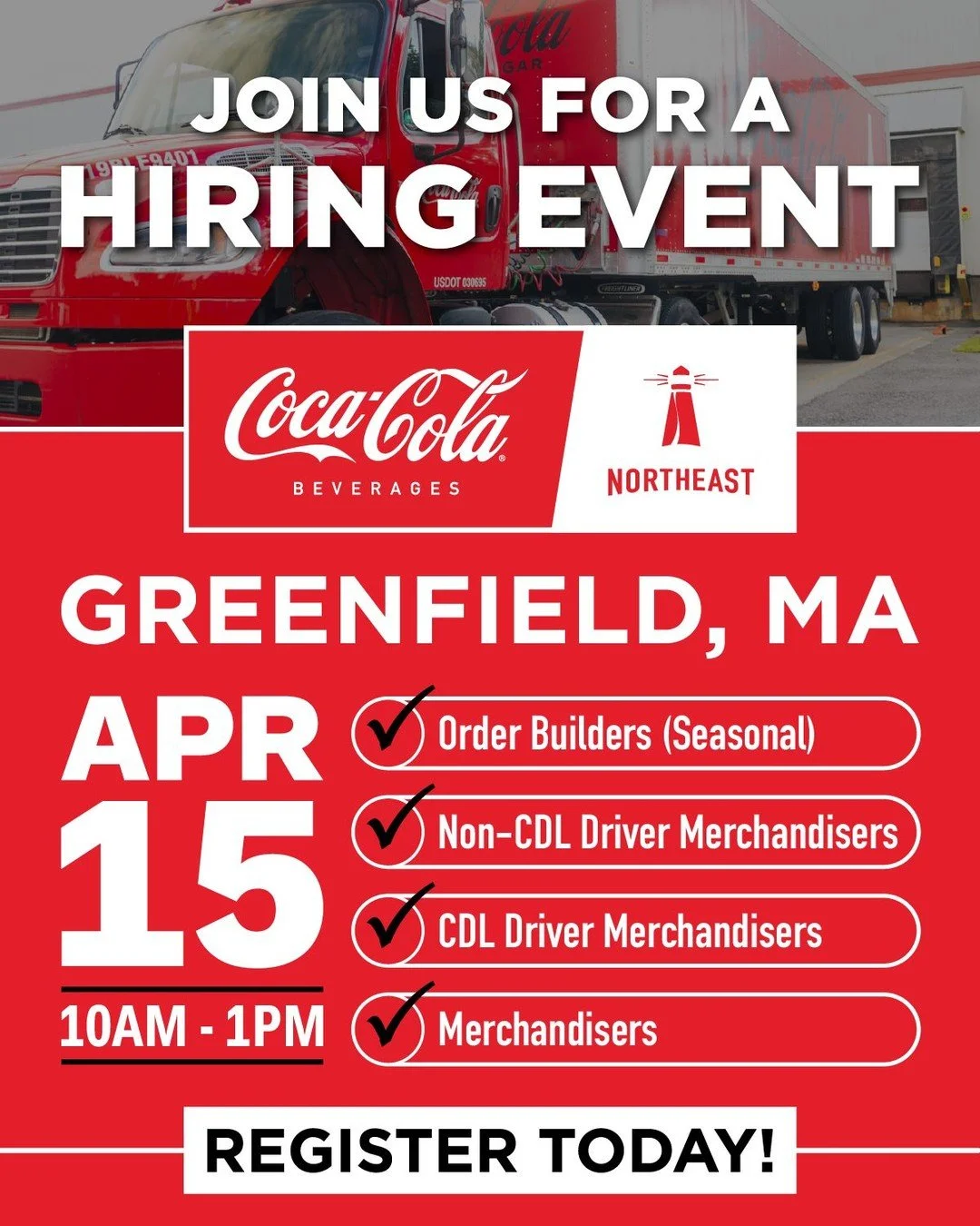 Join us for a Hiring Event at our Greenfield, MA Sales Center on Wednesday, April 15th from 10am to 1pm. We are hiring Order Builders (Seasonal), Non- CDL Driver Merchandisers, CDL Driver Merchandisers, and Merchandisers.
 
For more details and to re