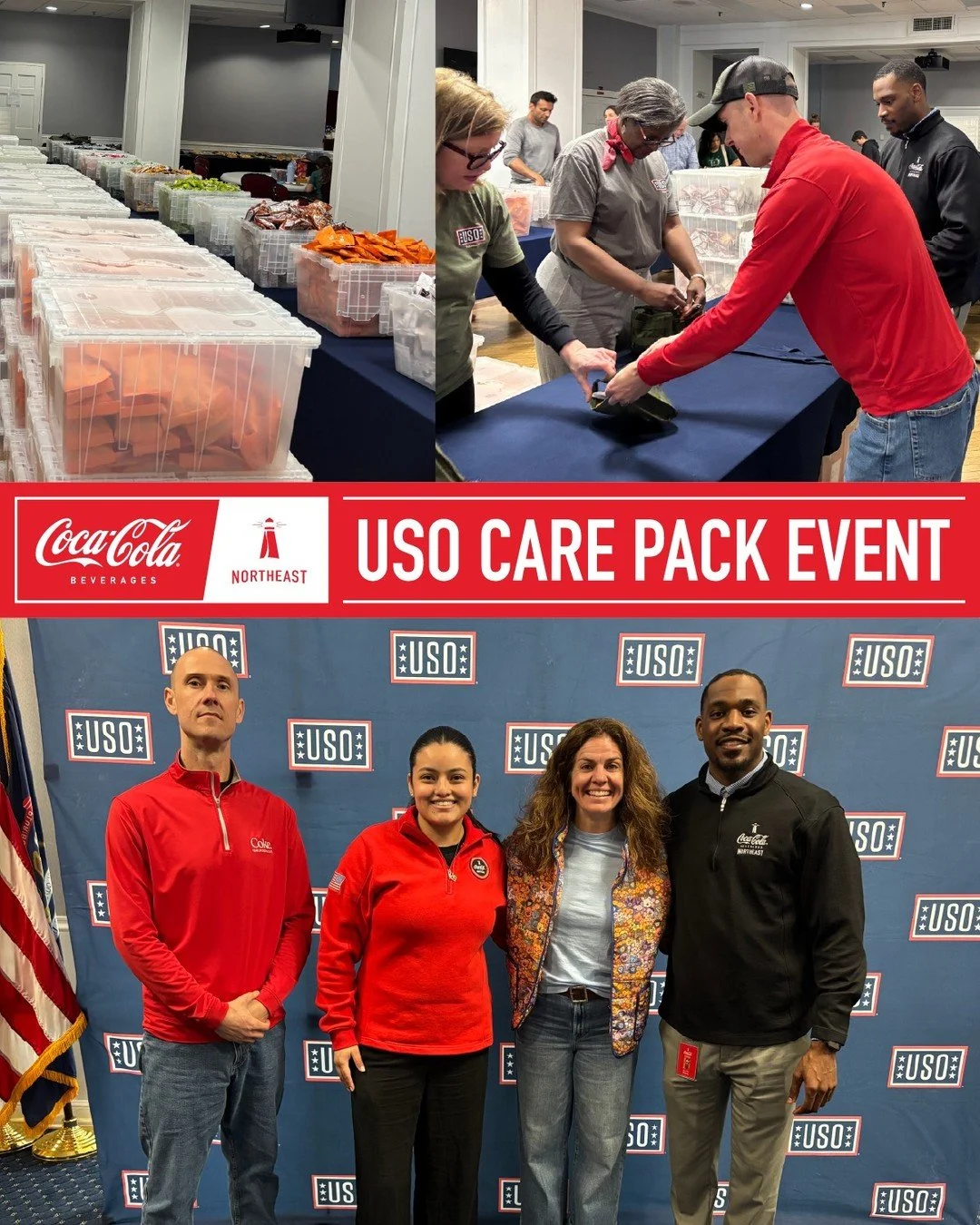 On April 17th, a few Coke Northeast employees volunteered at the USO New England 5th annual care package event at the US Coast Guard Sector Boston. Along with the other volunteers, they assembled 2,500 snack pack care packages for deployed service me